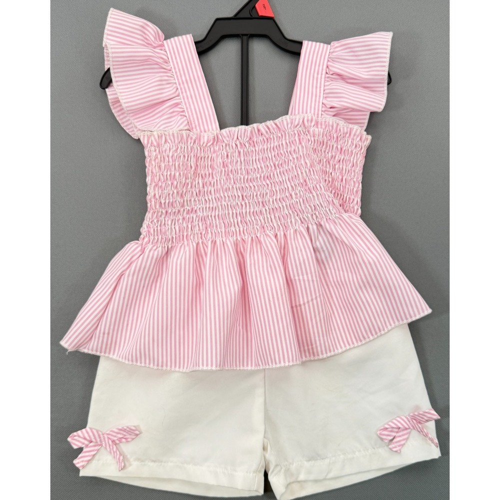 Toddler Girls Pink Striped Smocked Top Shorts Set 18-24M Ruffle Bow Preppy